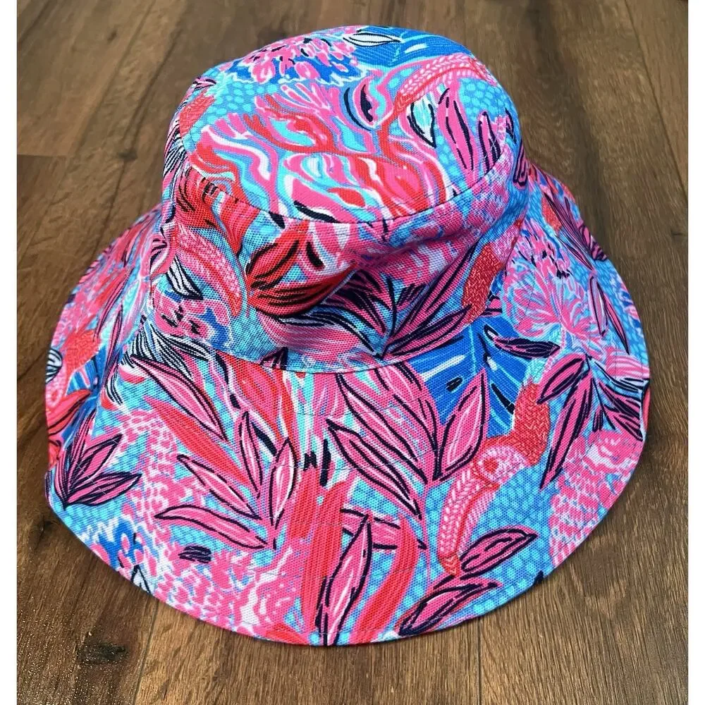 LILY PULITZER Ruby Red Wild Times Tropical Wide Brim Beach Vacation Sun Hat OS